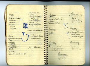 A Weekly Menu circa 1980 with Shopping List and 5 year old daughter's additions
